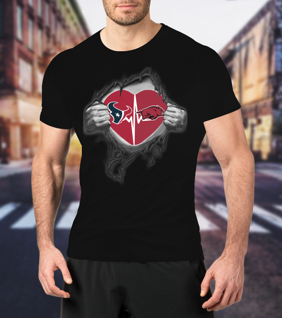 Houston Texans Arkansas Razorbacks Heartbeat Fan Allegiance T-Shirt
