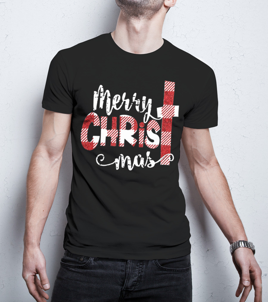 Merry Christ Mas Striped Cross Red Glitter T-Shirt
