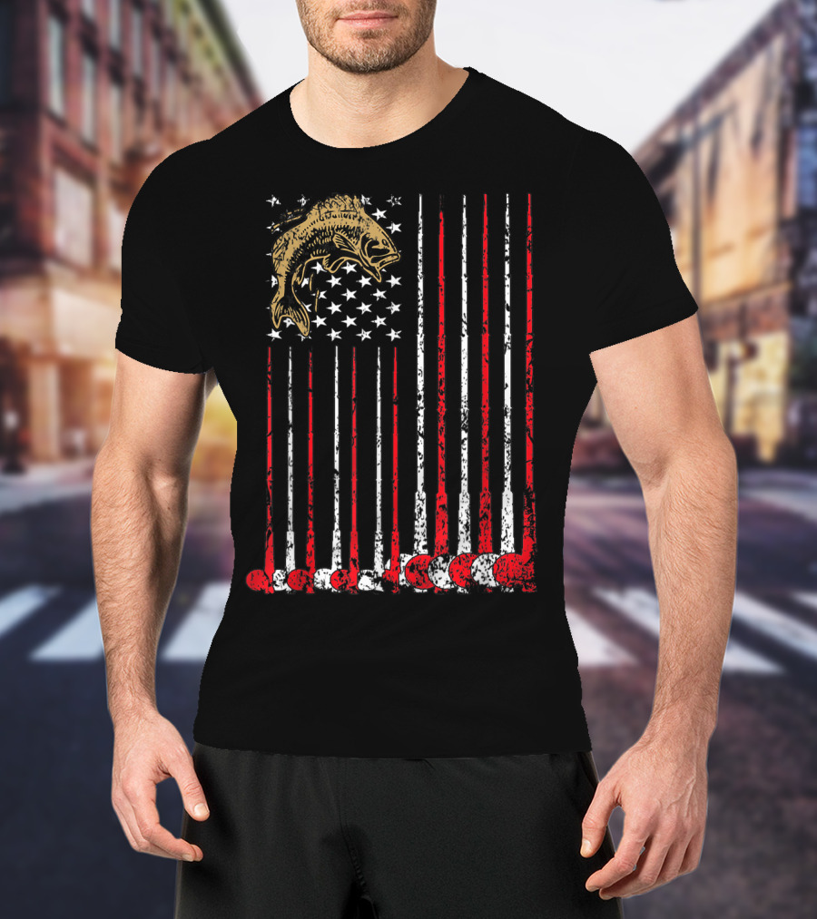 American Flag Fishing Bass With Independence Day T-Shirt