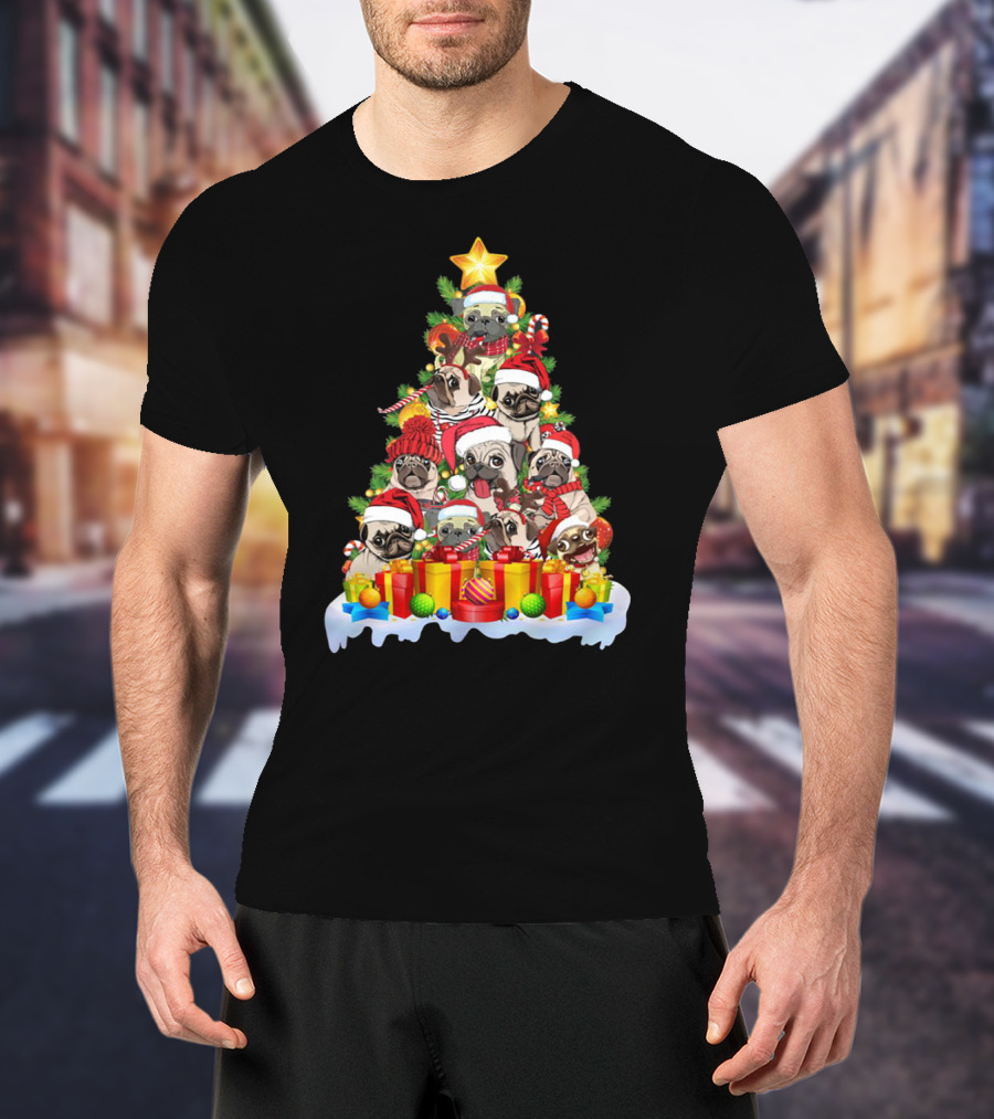 Pug Christmas Tree With Santa Hats And Presents T-Shirt