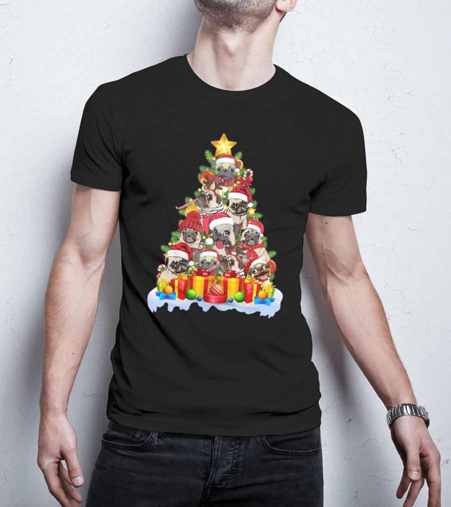 Pug Christmas Tree With Santa Hats And Presents T-Shirt