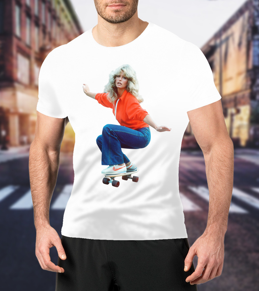 Farrah Fawcett Iconic Skateboarding Pose In Red Sweater And Sneakers T-Shirt
