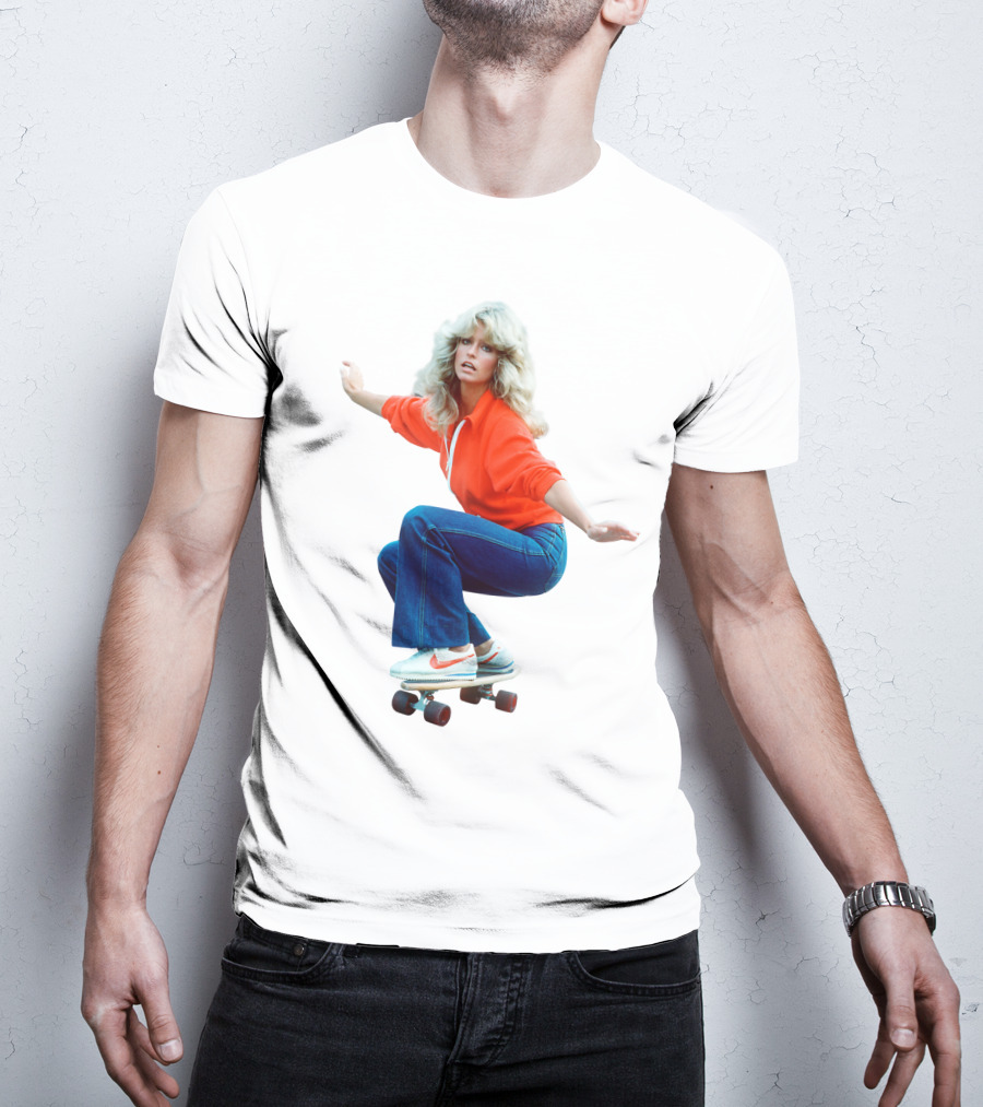 Farrah Fawcett Iconic Skateboarding Pose In Red Sweater And Sneakers T-Shirt