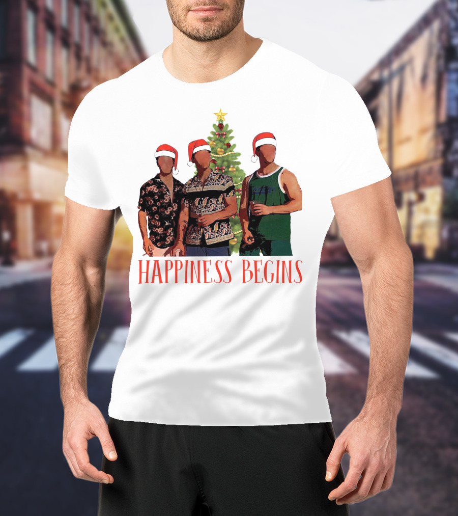 Happiness Begins Santa Trio With Christmas Tree T-Shirt