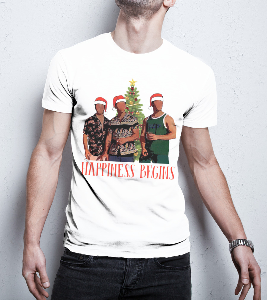 Happiness Begins Santa Trio With Christmas Tree T-Shirt