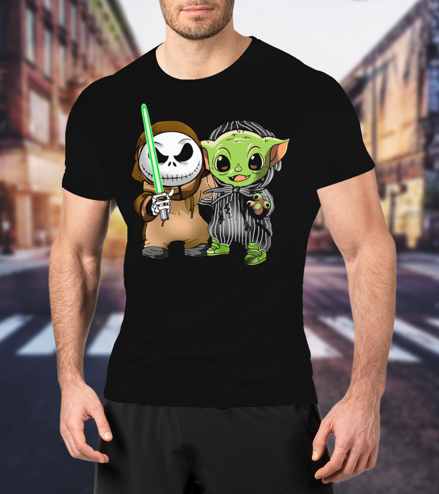 Jack Skellington In Jedi Robe And Baby Yoda In Striped Suit With Lightsaber T-Shirt