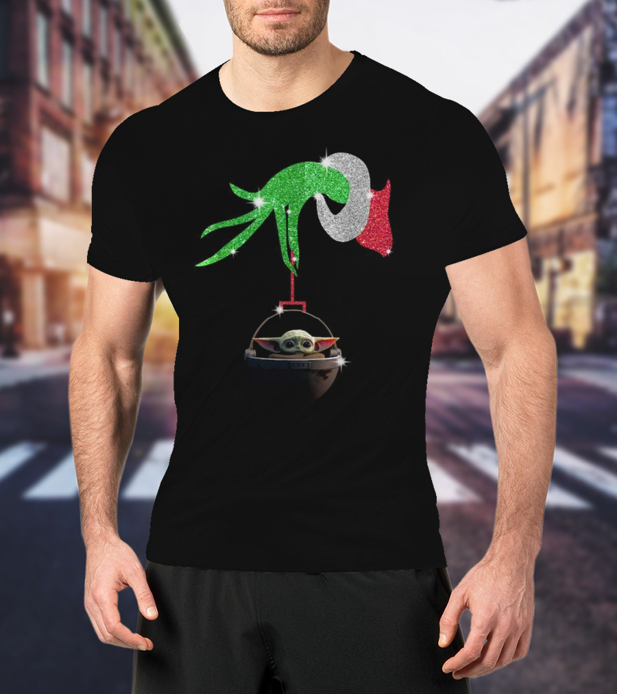 Grinch Glitter Hand Holding Baby Yoda T-Shirt