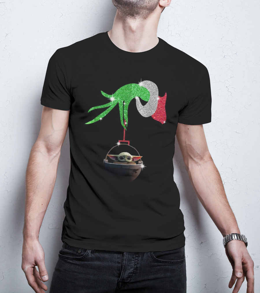 Grinch Glitter Hand Holding Baby Yoda T-Shirt