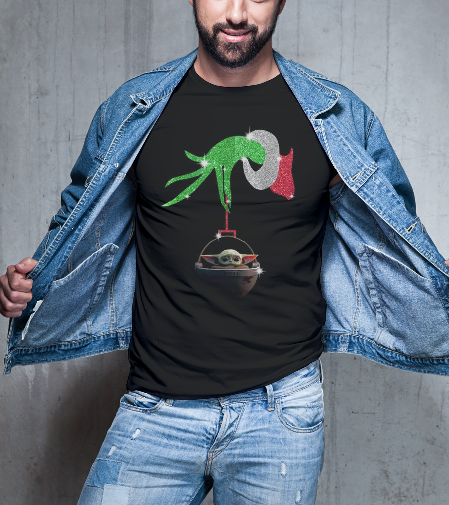 Grinch Glitter Hand Holding Baby Yoda T-Shirt