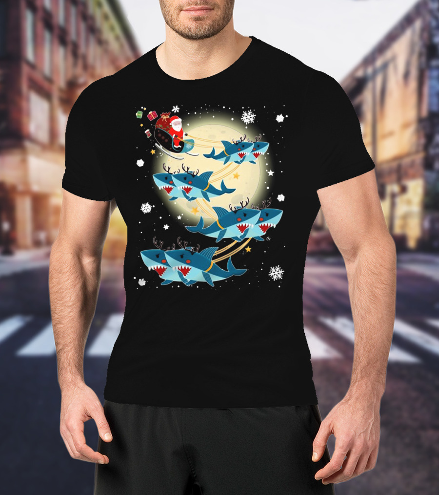 Santa Claus Riding Shark Reindeer Full Moon Snowflakes T-Shirt