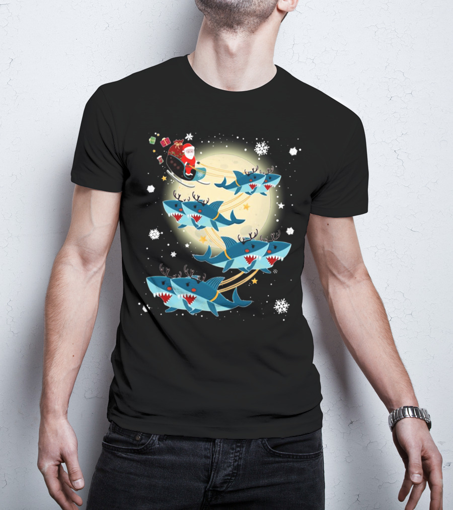 Santa Claus Riding Shark Reindeer Full Moon Snowflakes T-Shirt