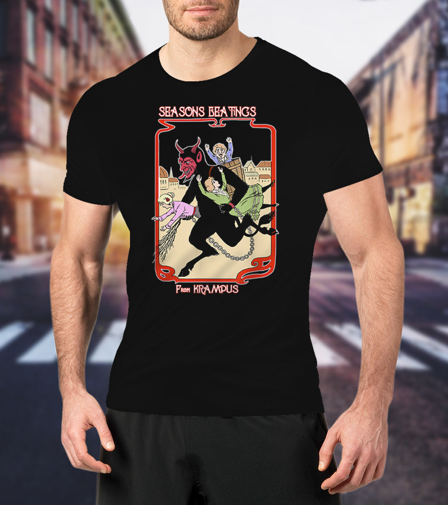 Seasons Beatings From Krampus With Festive Cityscape And Naughty Children T-Shirt