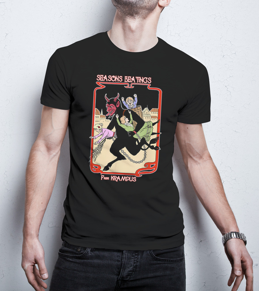 Seasons Beatings From Krampus With Festive Cityscape And Naughty Children T-Shirt