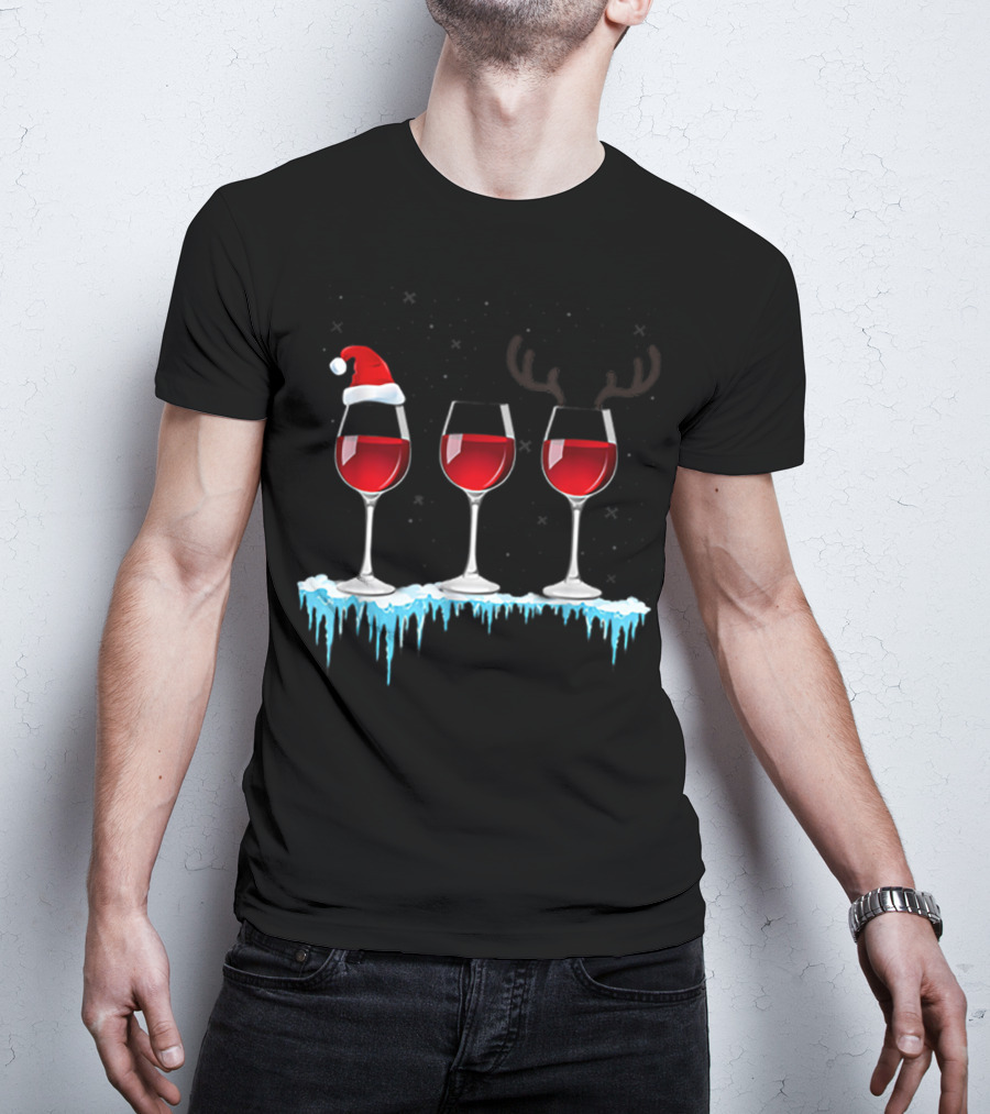 Red Wine Three Glasses Santa Hat Antlers Snow Holiday T-Shirt