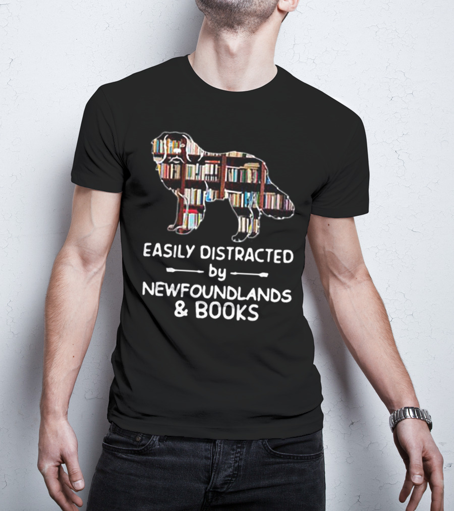 Easily Distracted By Newfoundlands And Books Silhouette Filled With Books T-Shirt
