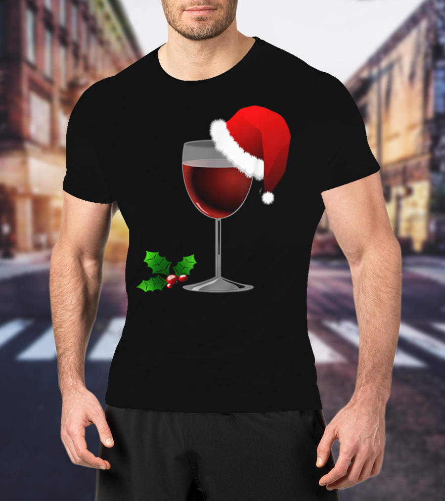 Wine Christmas Santa Hat Holly T-Shirt