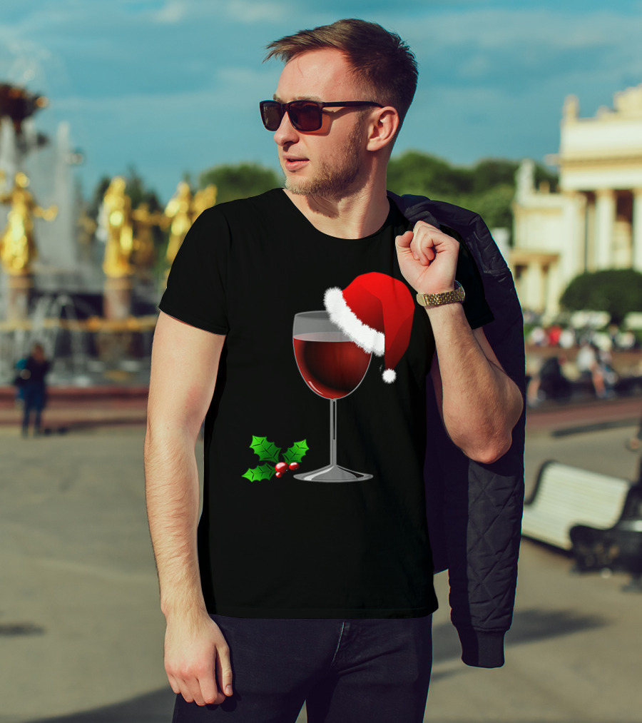 Wine Christmas Santa Hat Holly T-Shirt