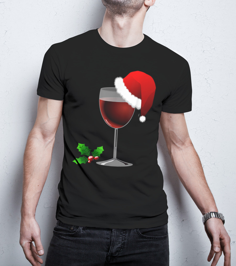 Wine Christmas Santa Hat Holly T-Shirt