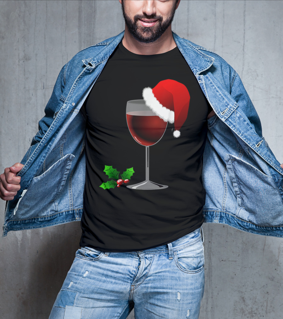 Wine Christmas Santa Hat Holly T-Shirt