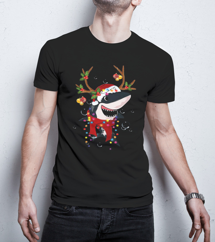 Shark With Christmas Reindeer Antlers And Santa Hat T-Shirt