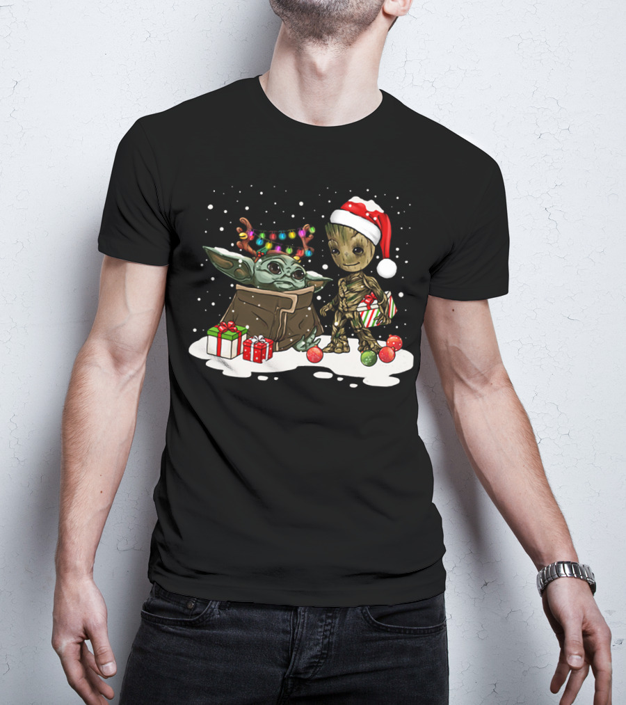 Baby Yoda And Baby Groot Christmas Santa Hat Lights T-Shirt