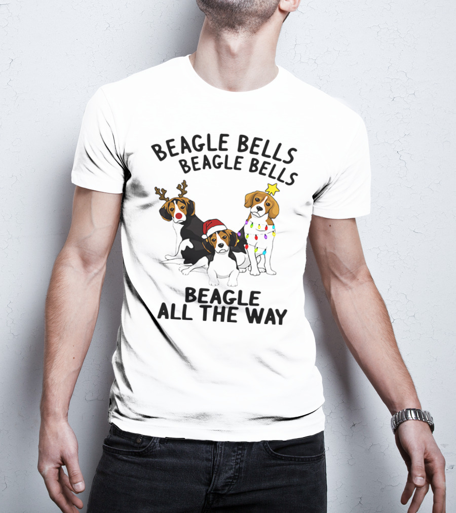 Beagle Bells Beagle All The Way Christmas Theme With Santa Hat And Reindeer Antlers T-Shirt