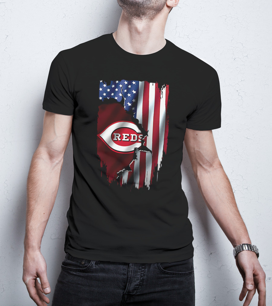 Cincinnati Reds American Flag Iconic Logo T-Shirt