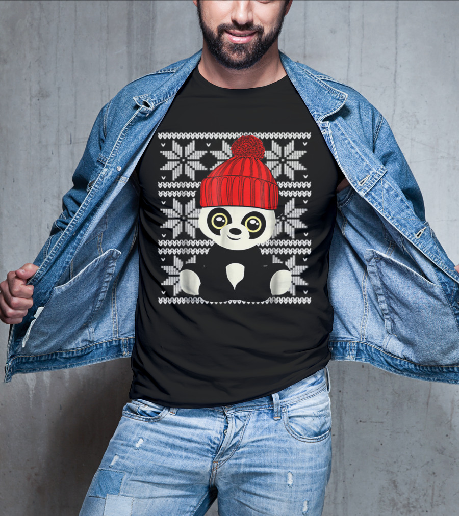 Ugly Sweater Christmas Panda Bear With Red Knit Hat T-Shirt