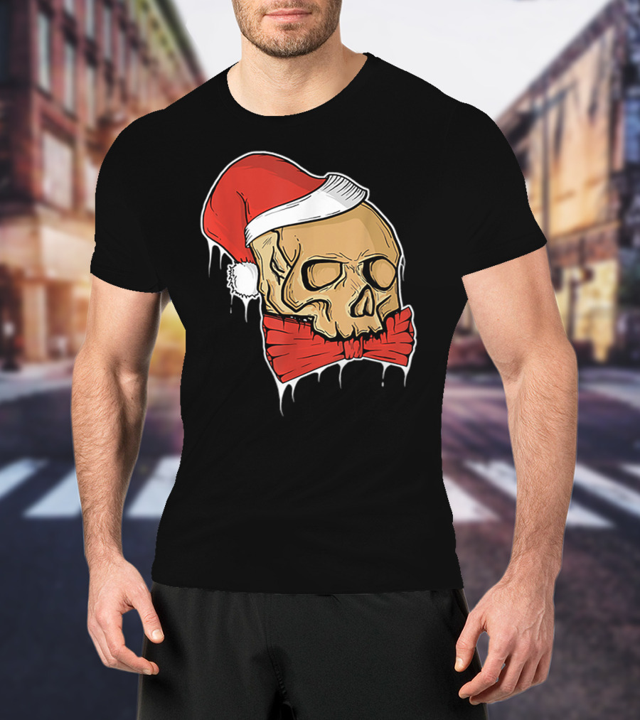 Vintage Skull Christmas Santa Hat Bow T-Shirt