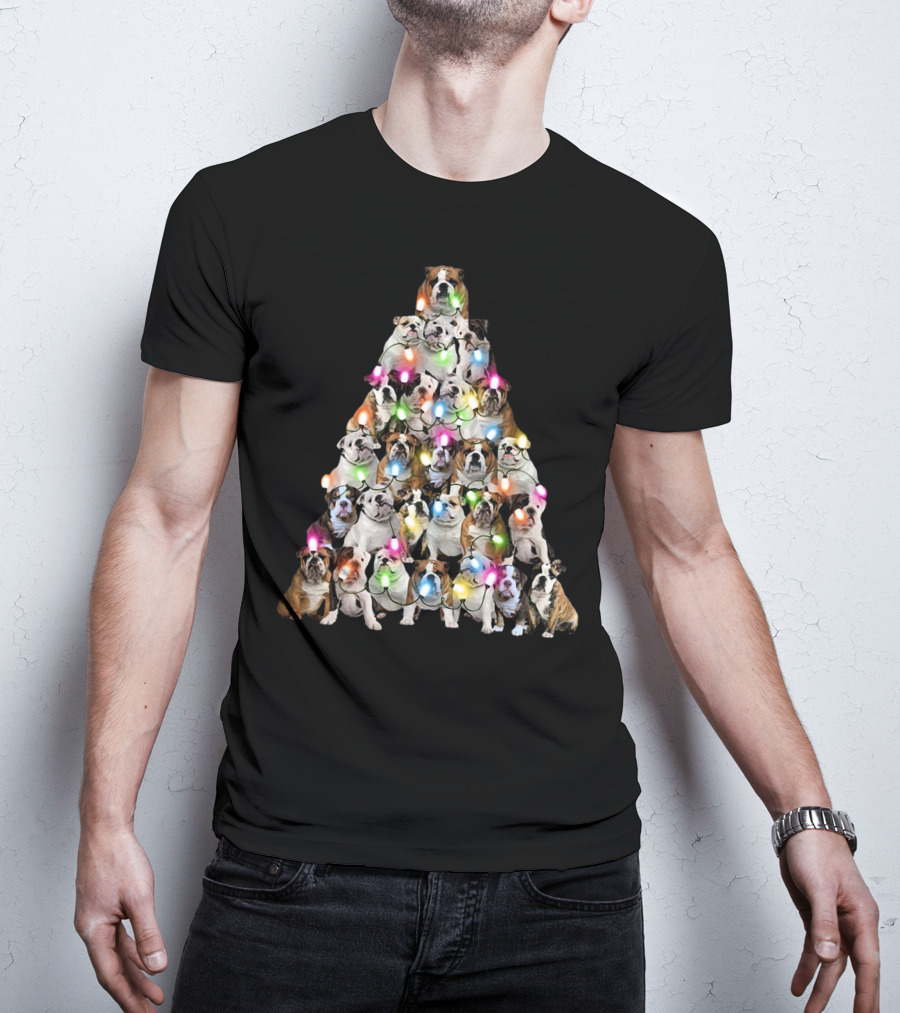 Bulldog Christmas Tree Festive Lights Pyramid T-Shirt