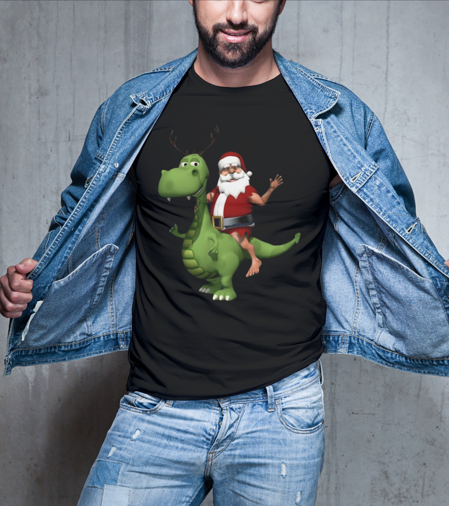 Santa Riding Rex Dinosaur Reindeer Christmas Holiday Fun T-Shirt