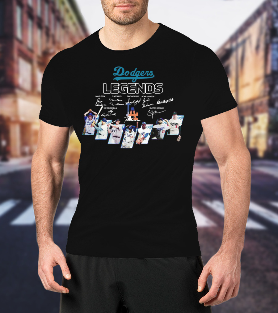Dodgers Legends Don Sutton Duke Snider Sandy Koufax Jackie Robinson Roy Campanella Kirk Gibson Clayton Kershaw Signatures T-Shirt