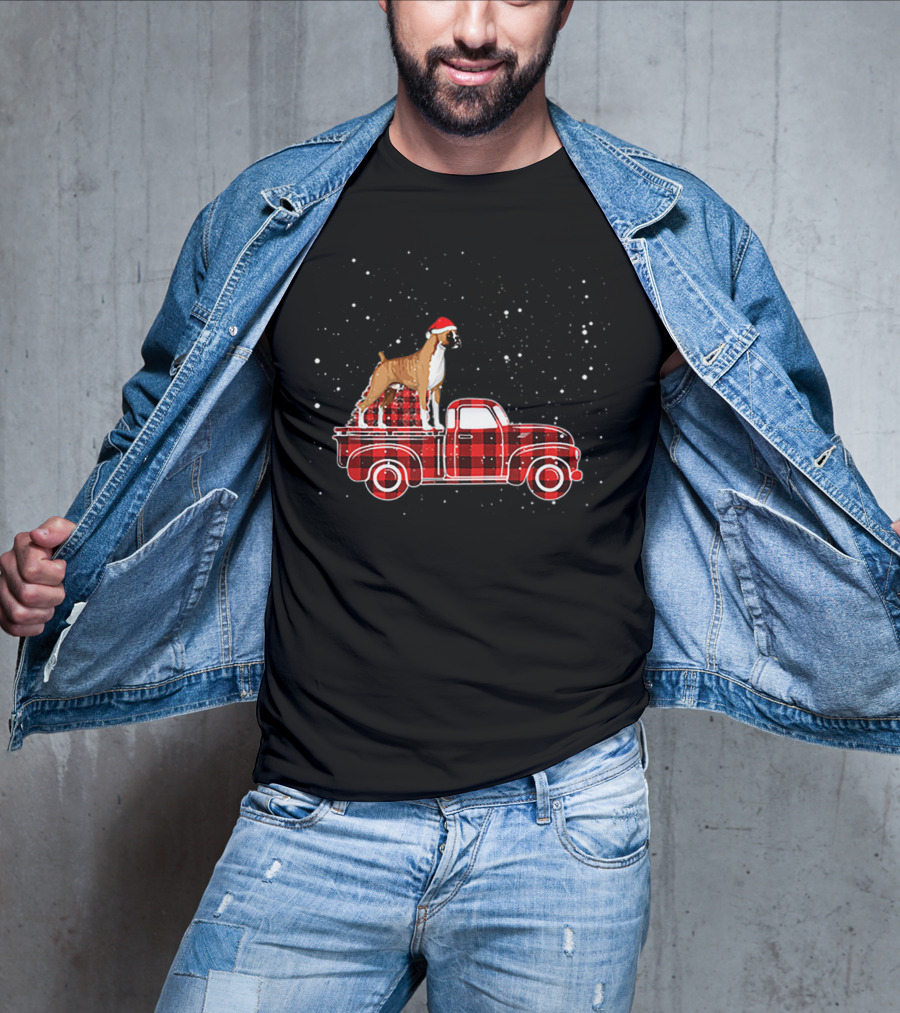 Boxer Buffalo Plaid Truck Xmas Santa Hat Snow T-Shirt