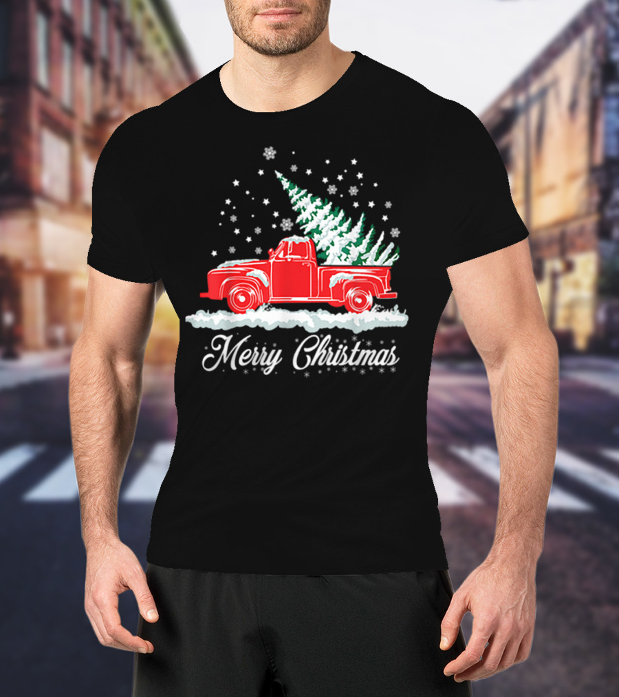 Merry Christmas Classic Old Red Truck With XMAS Tree Snowflakes T-Shirt