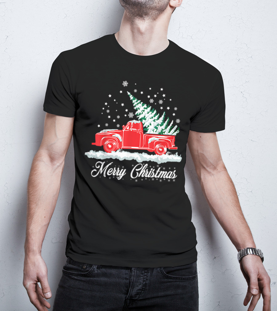 Merry Christmas Classic Old Red Truck With XMAS Tree Snowflakes T-Shirt