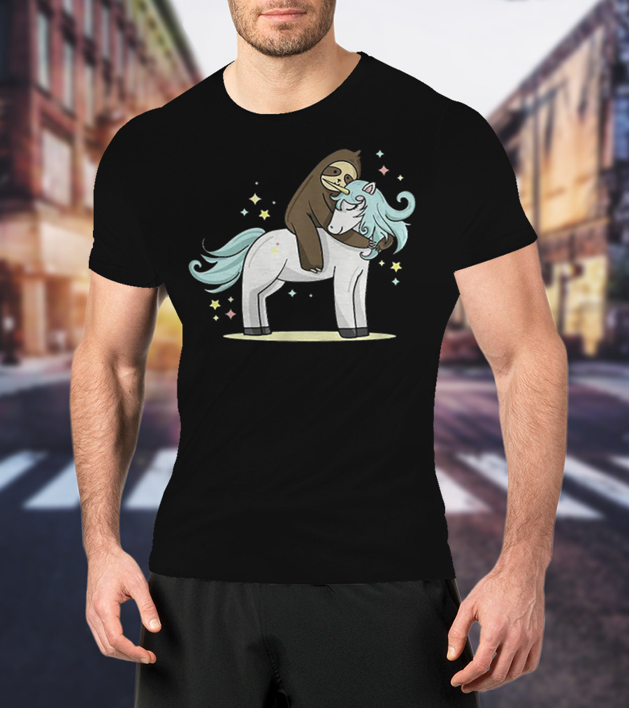Sloth Hugging Magical Unicorn Surrounded By Sparkling Stars T-Shirt
