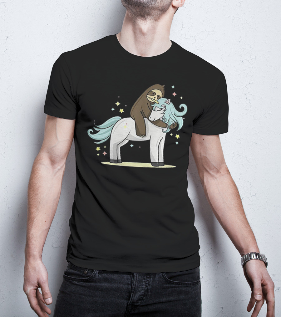 Sloth Hugging Magical Unicorn Surrounded By Sparkling Stars T-Shirt
