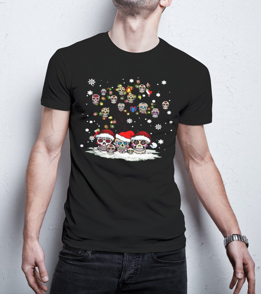 Christmas Sugar Skull Tree With Santa Hats And Snowflakes T-Shirt