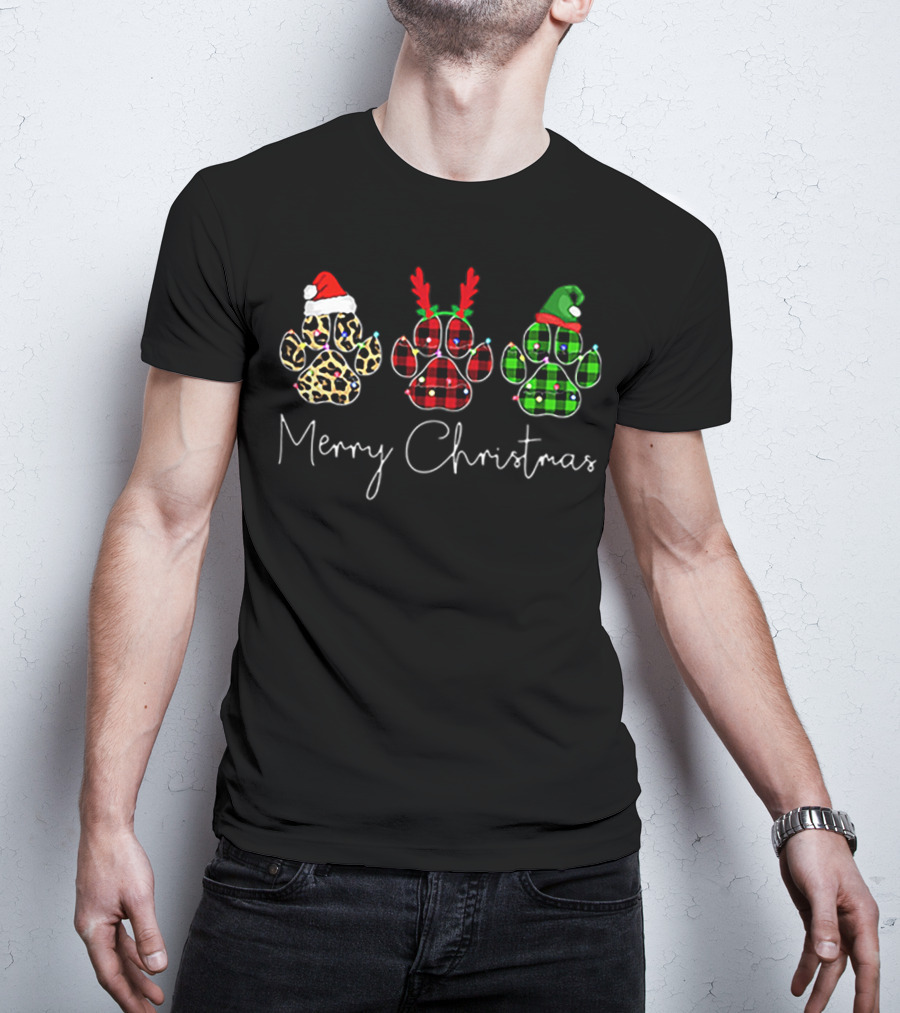 Merry Christmas Bear Paw Leopard Santa Antlers Plaid T-Shirt