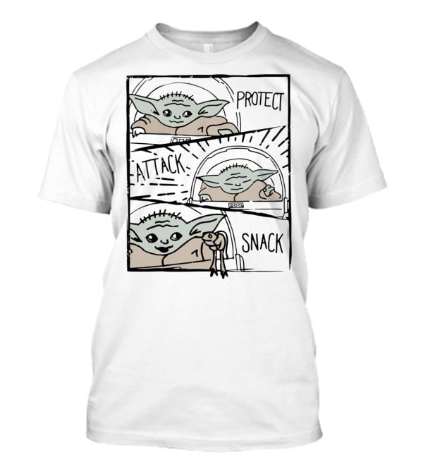 Star Wars Mandalorian Baby Yoda The Child Protect Attack Snack Comic Strip T-Shirt