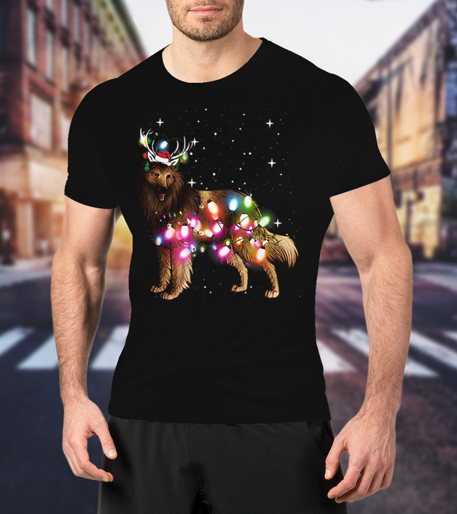 Belgian Tervuren In Santa Hat With Holiday Christmas Lights And Snowflakes T-Shirt