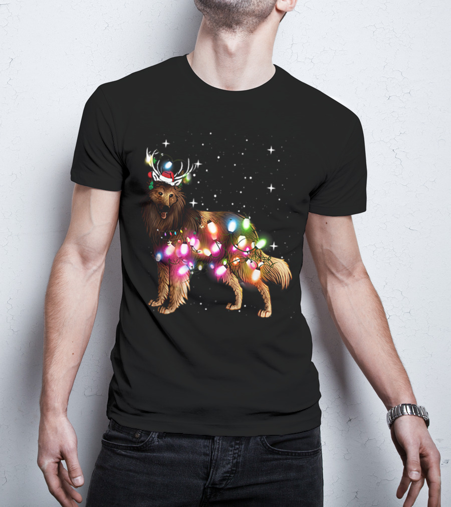 Belgian Tervuren In Santa Hat With Holiday Christmas Lights And Snowflakes T-Shirt