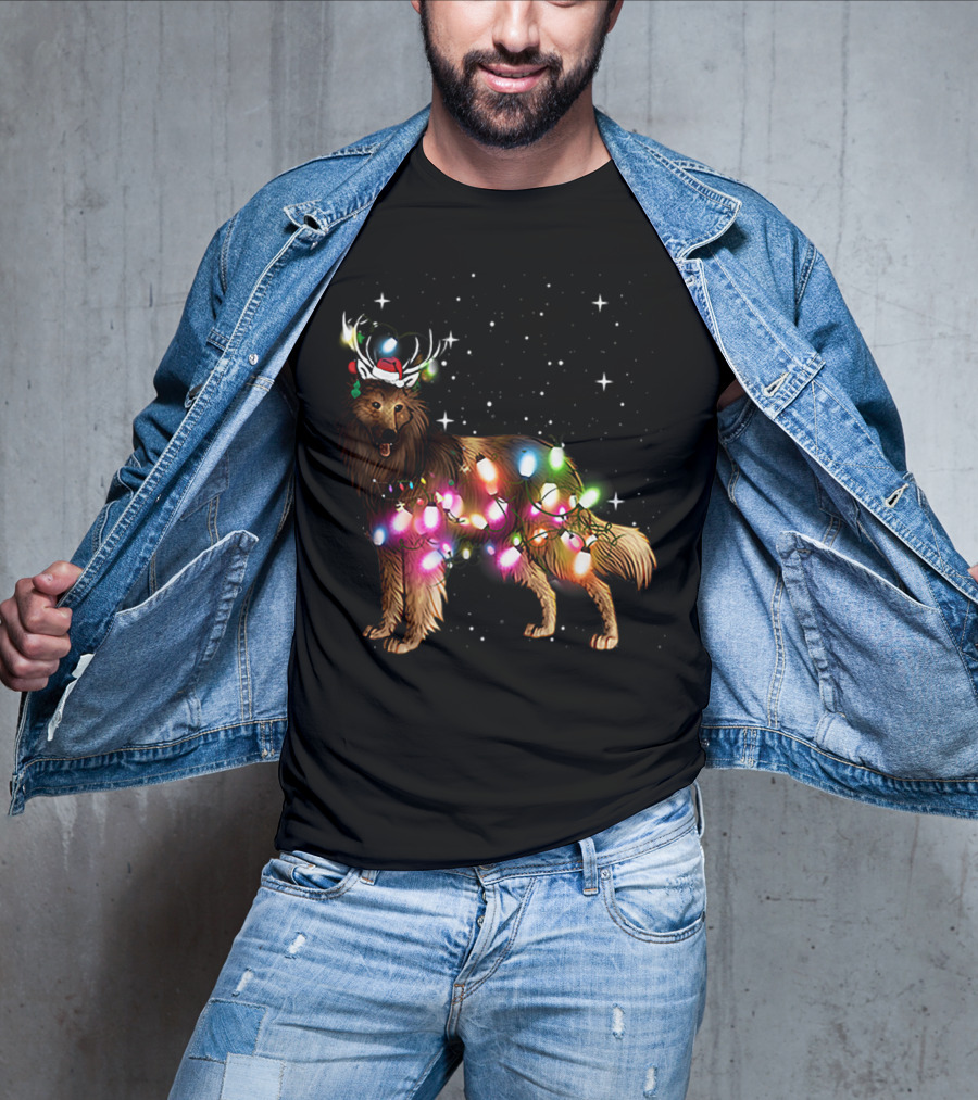Belgian Tervuren In Santa Hat With Holiday Christmas Lights And Snowflakes T-Shirt
