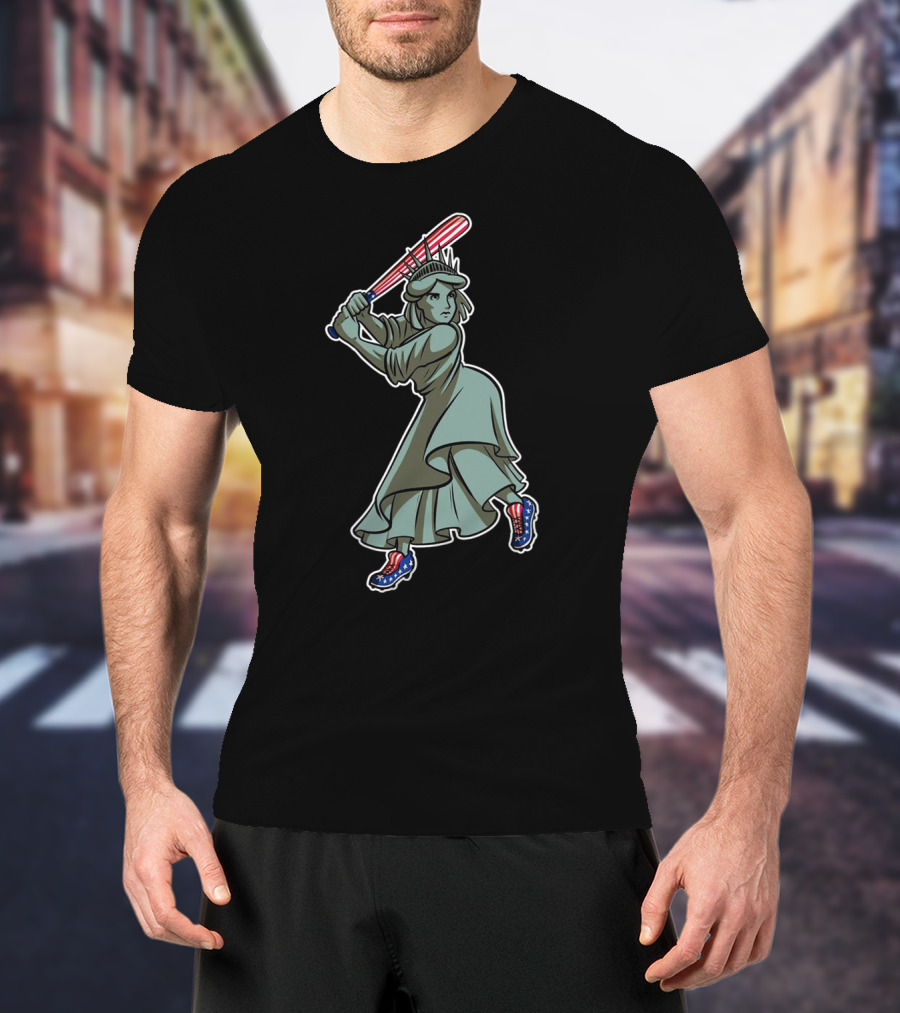 Liberty Statue Playing Baseball With American Flag Bat And Star-Spangled Shoes T-Shirt