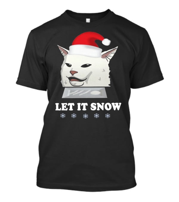 Let It Snow Cat In Santa Hat With Snowflakes T-Shirt