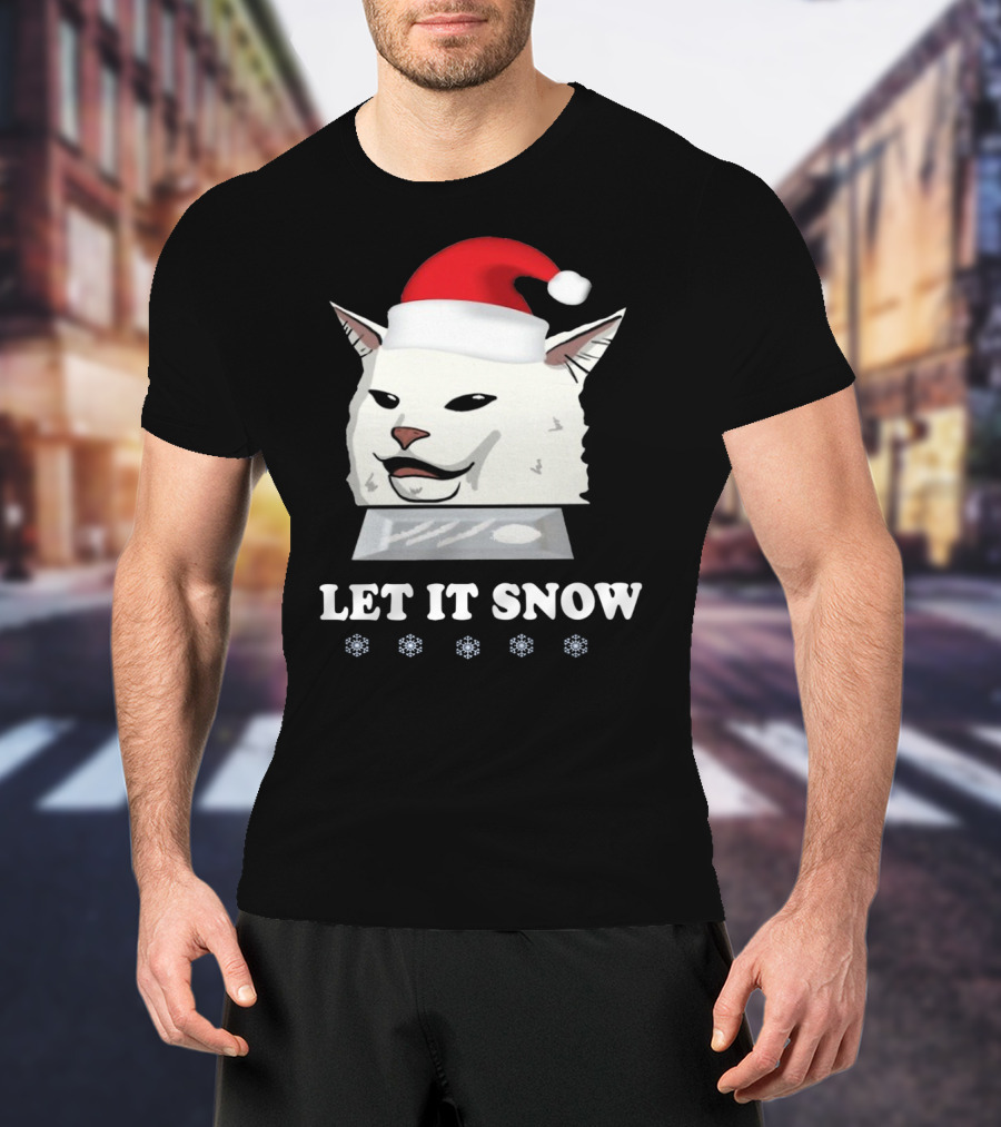 Let It Snow Cat In Santa Hat With Snowflakes T-Shirt