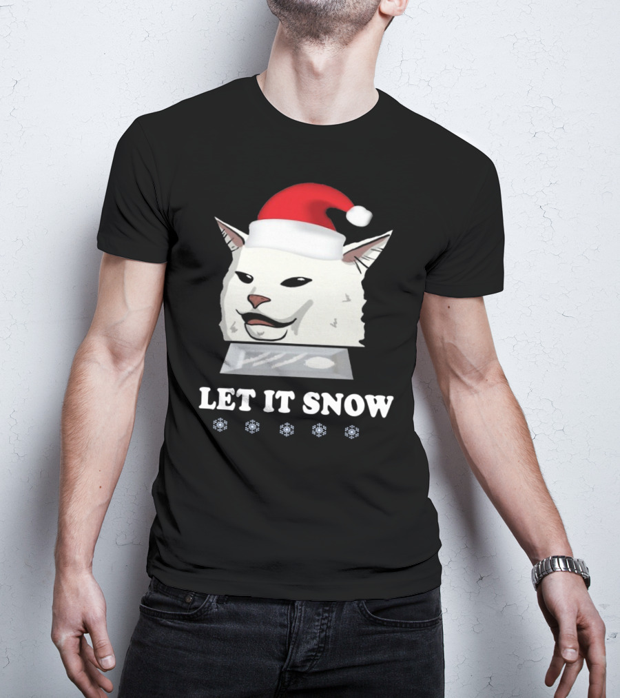 Let It Snow Cat In Santa Hat With Snowflakes T-Shirt