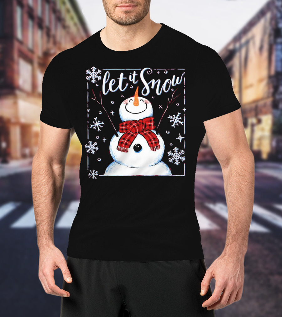 Let It Snow Santa Snowman With Scarf And Snowflakes T-Shirt