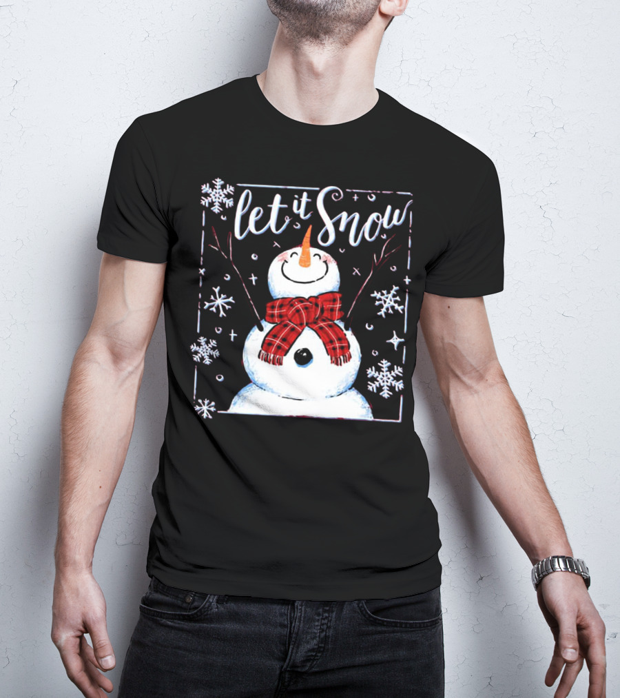 Let It Snow Santa Snowman With Scarf And Snowflakes T-Shirt