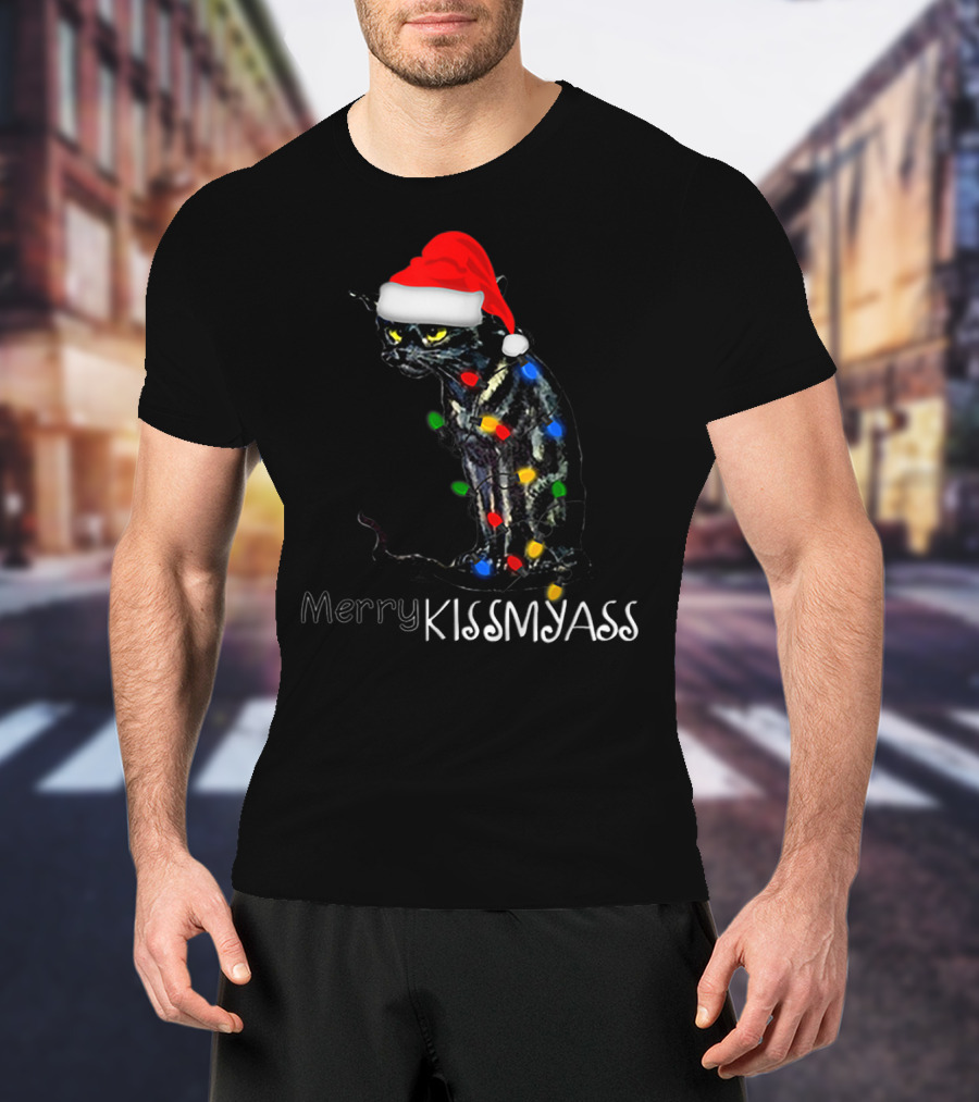 Merry Kissmyass Black Cat Santa Hat Christmas Lights T-Shirt